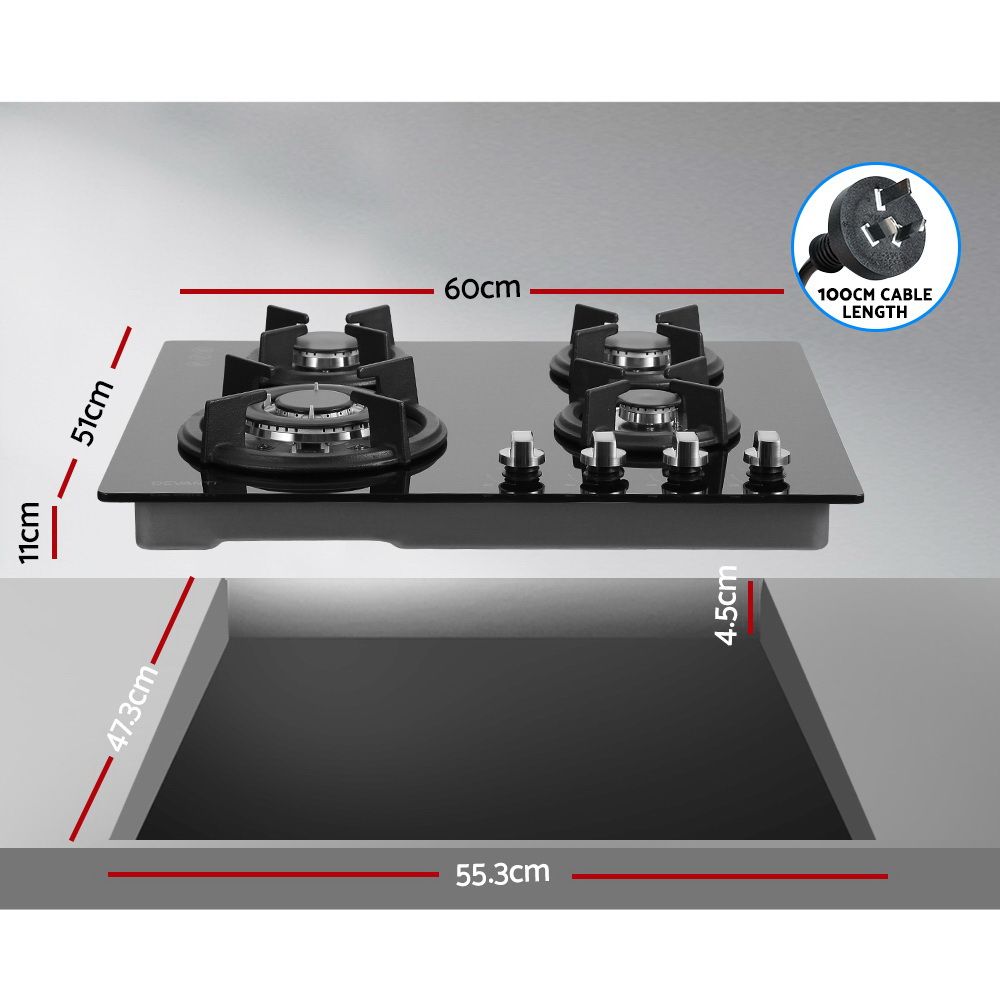Devanti 60cm 4-Burner Black Glass Gas Cooktop - Image 2