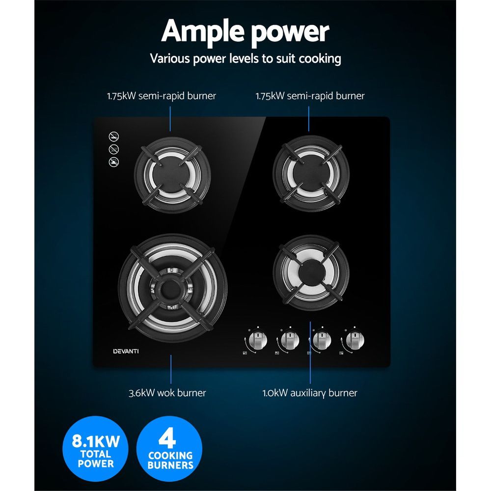 Devanti 60cm 4-Burner Black Glass Gas Cooktop - Image 5