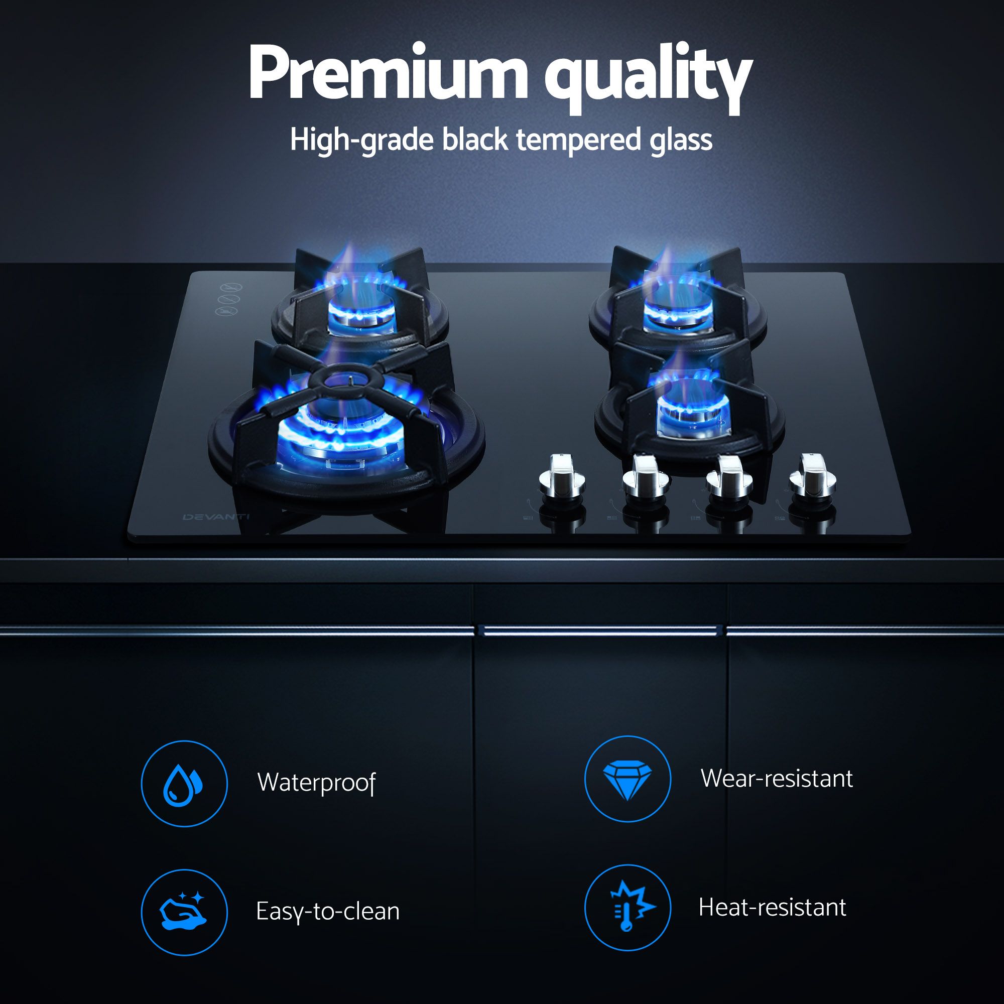 Devanti 60cm 4-Burner Black Glass Gas Cooktop - Image 7