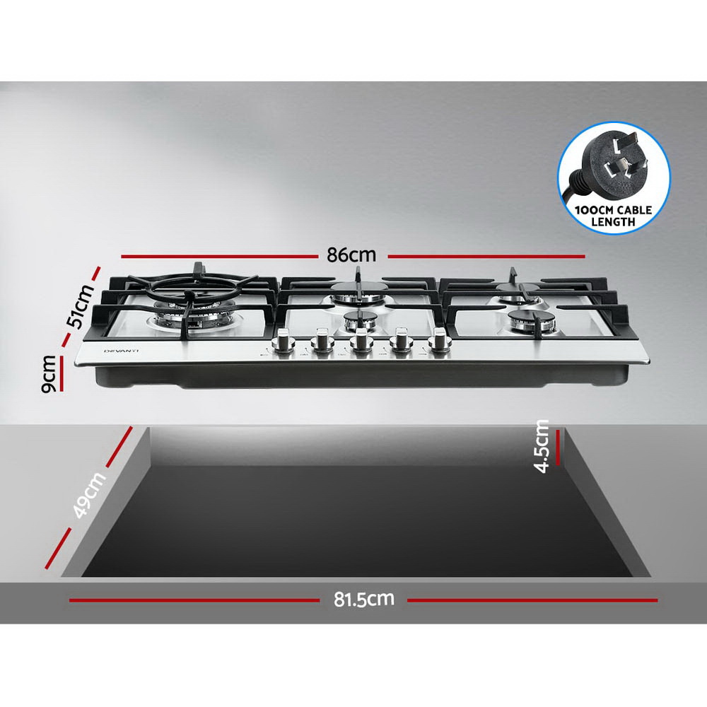 Devanti 90cm 5-Burner Gas Cooktop – Stainless Steel - Image 2
