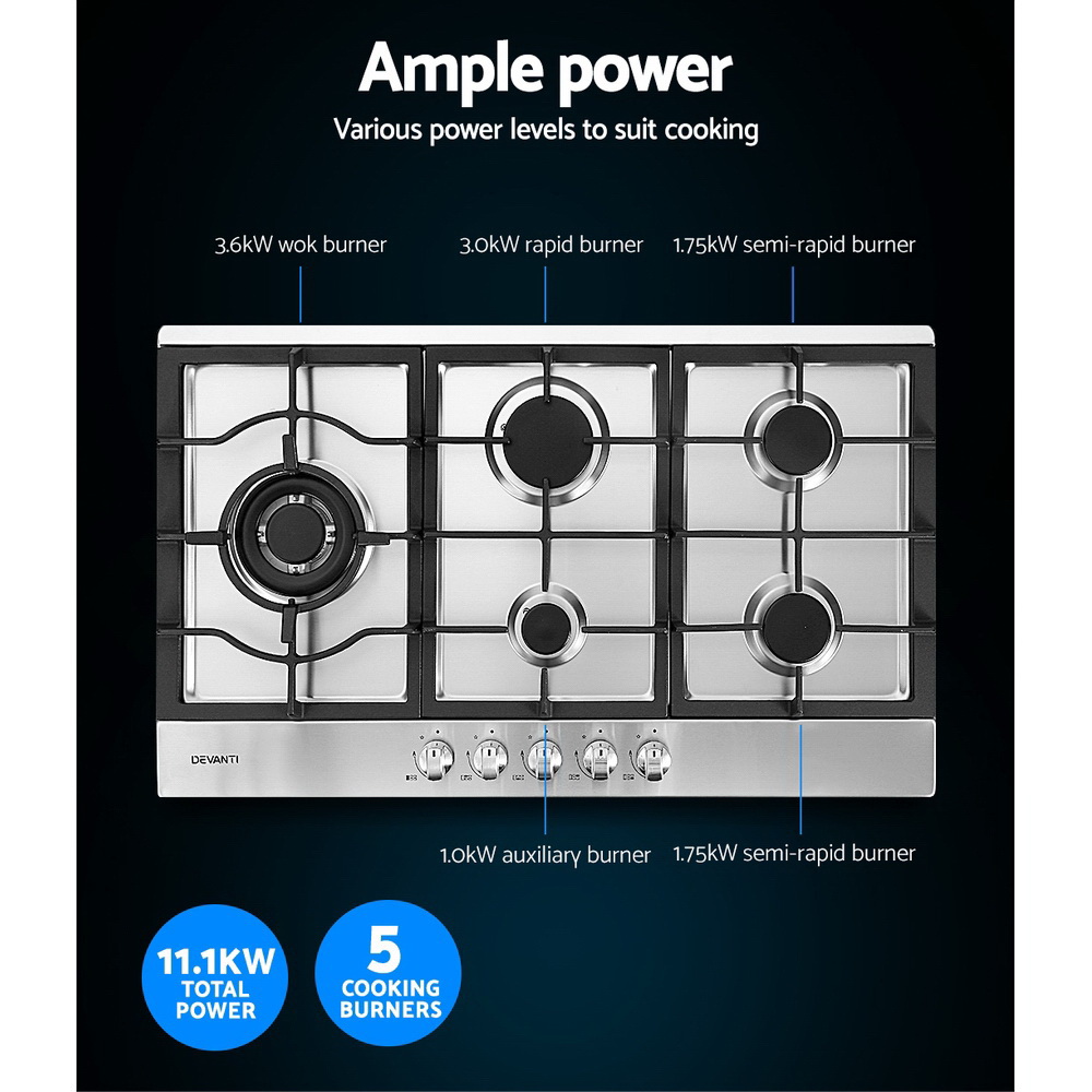 Devanti 90cm 5-Burner Gas Cooktop – Stainless Steel - Image 4