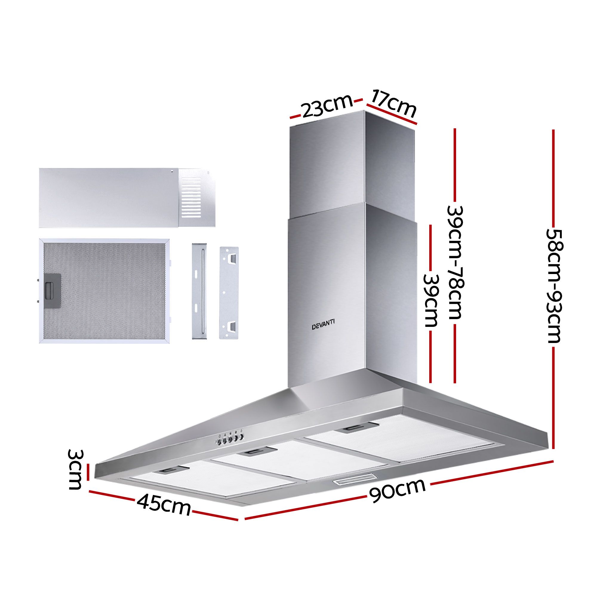 Devanti 90cm Stainless Steel Wall-Mount Rangehood - Image 2