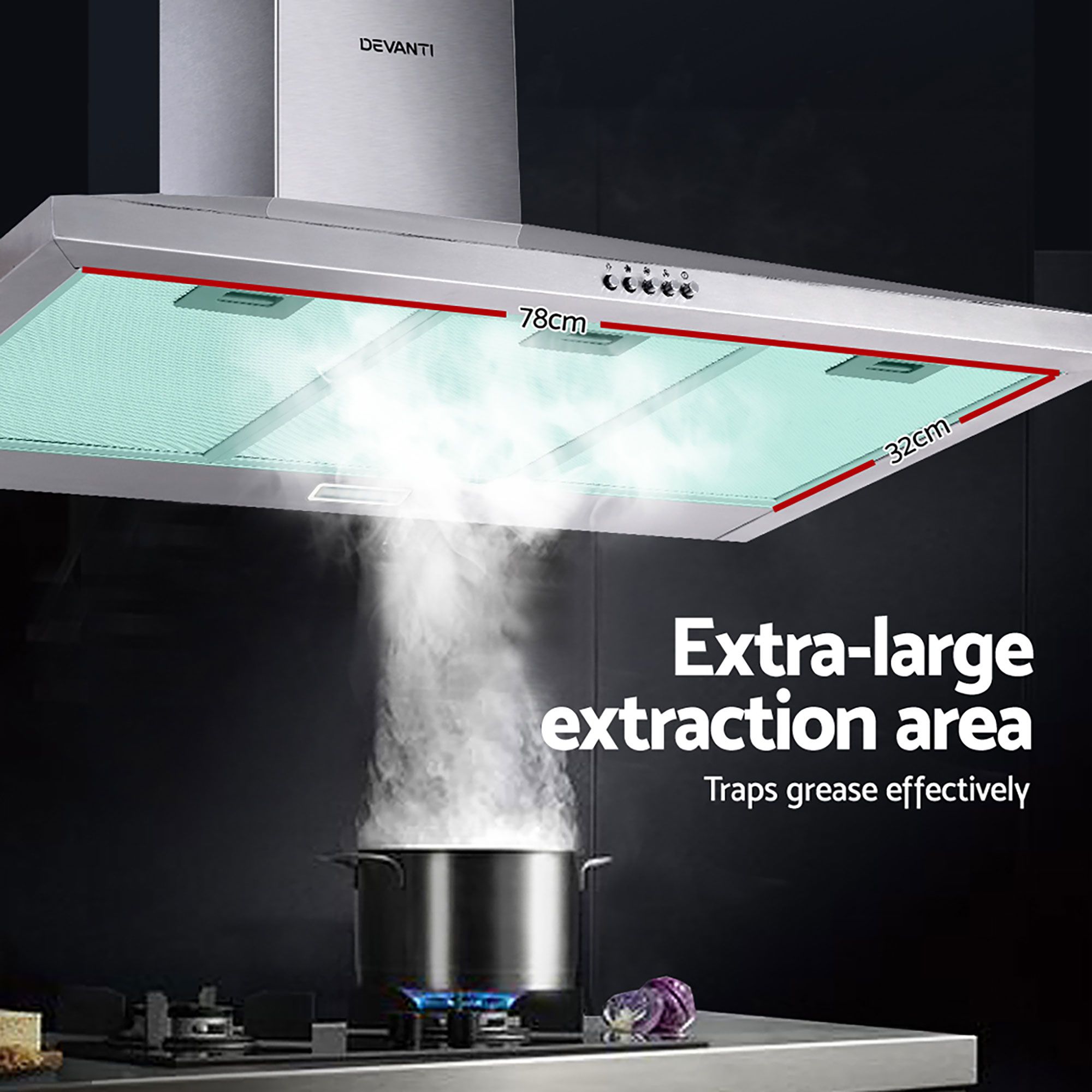 Devanti 90cm Stainless Steel Wall-Mount Rangehood - Image 5