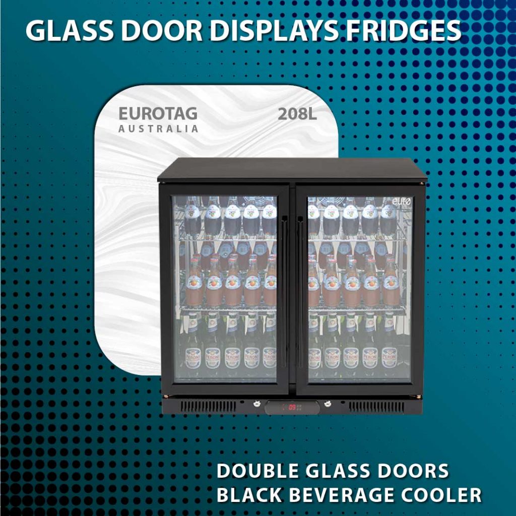EUROTAG 208L 2 DOOR UNDER BENCH BACK BAR DISPLAY GLASS DOOR FRIDGE