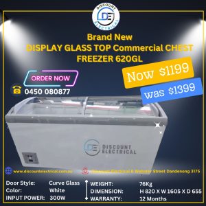 EUROTAG 620LT COMMERCIAL GLASS TOP FREEZER  WITH LOCKS CHEST FREEZER
