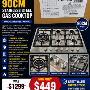 TECHNIKA 900MM 5 BURNER GAS C/TOP LEFT HAND WOK H950SLTXFPRO STAINLESS