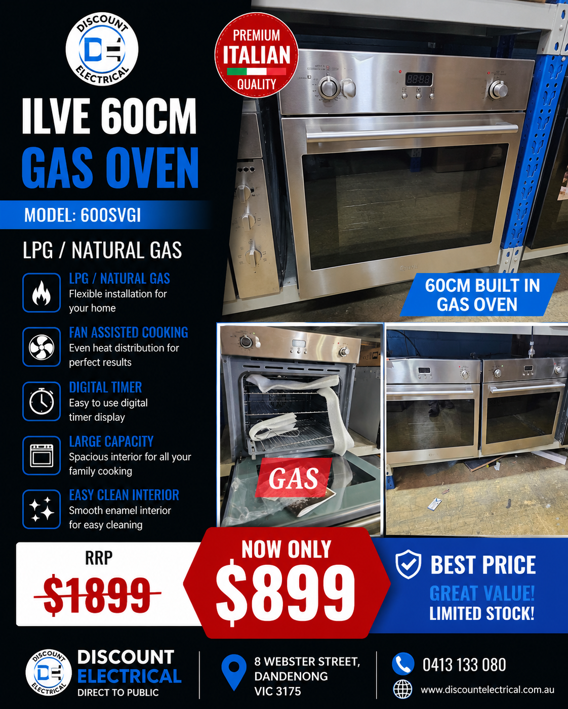 ILVE 60cm Natural Gas Built-In Oven 600SVGI