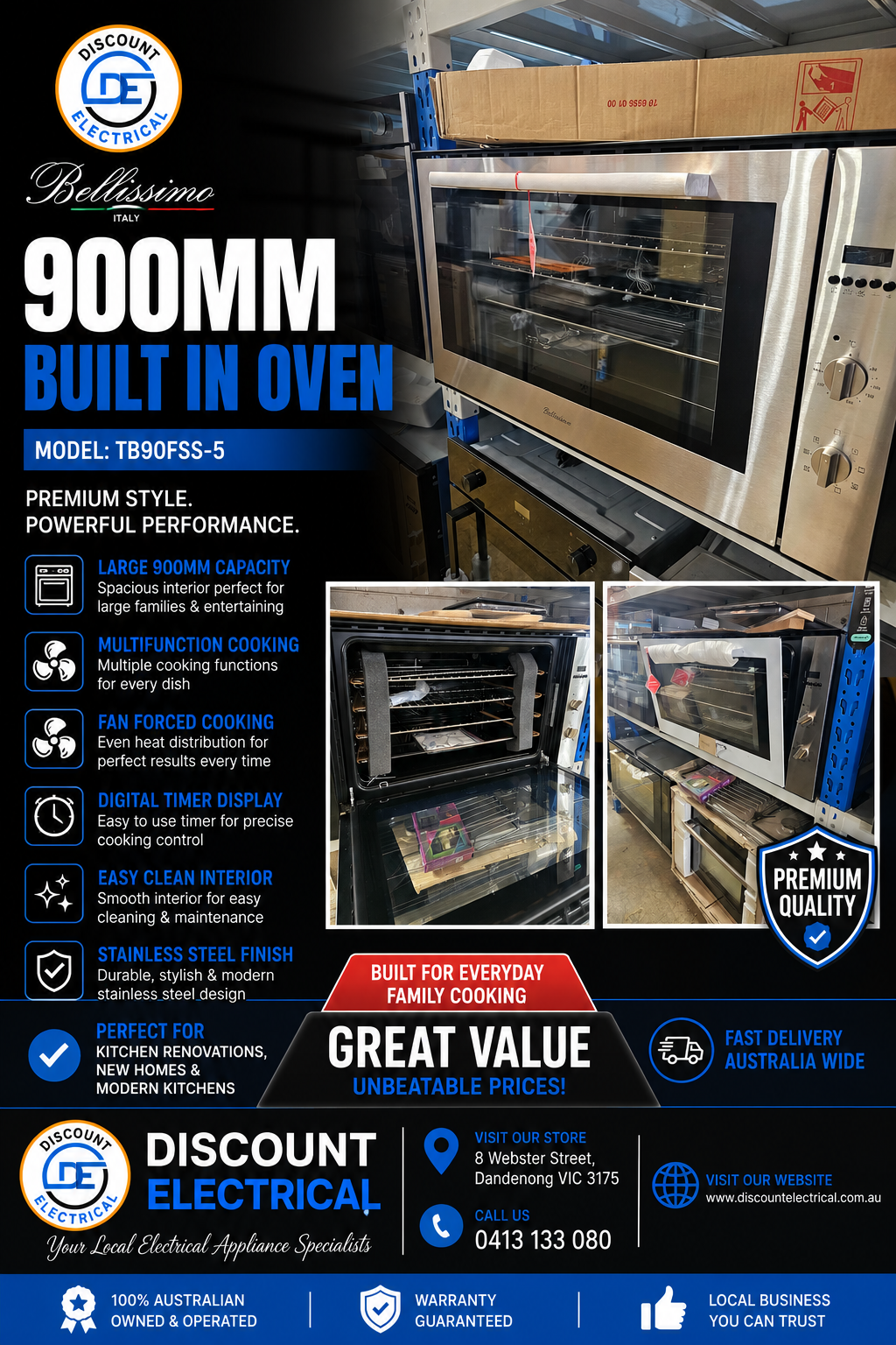 Bellissimo TB90FSS-5 900mm Built In Oven Stainless Steel