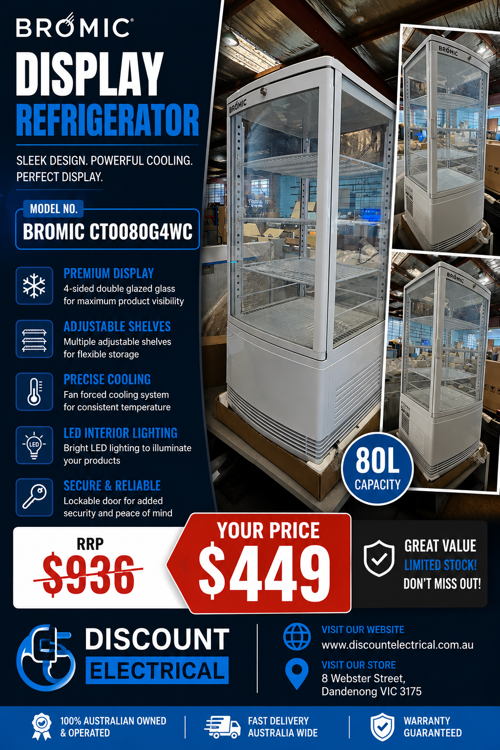 Bromic CT0080G4WC 80L Display Refrigerator Premium 4-sided glass display fridge