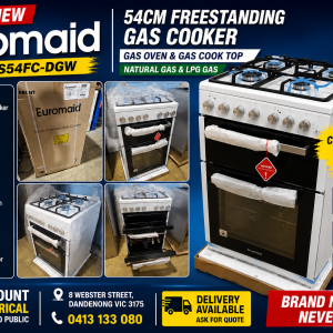 Euromaid EFS54FC-DGW 54cm Freestanding Gas Cooker | Gas Oven & Gas Cooktop | Natural Gas & LPG