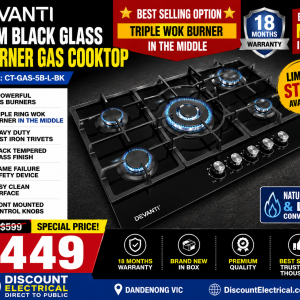 DEVANTI 90cm Black Glass 5 Burner Gas Cooktop CT-GAS-5B-L-BK | Triple Wok Burner | Brand New