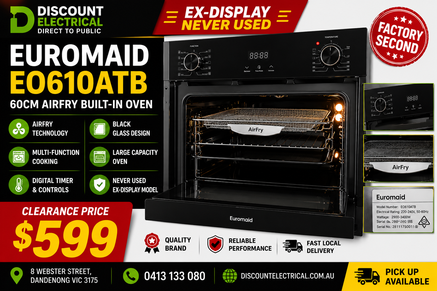 Euromaid EO610ATB 60cm AirFry Built-In Electric Oven Black Glass Ex Display