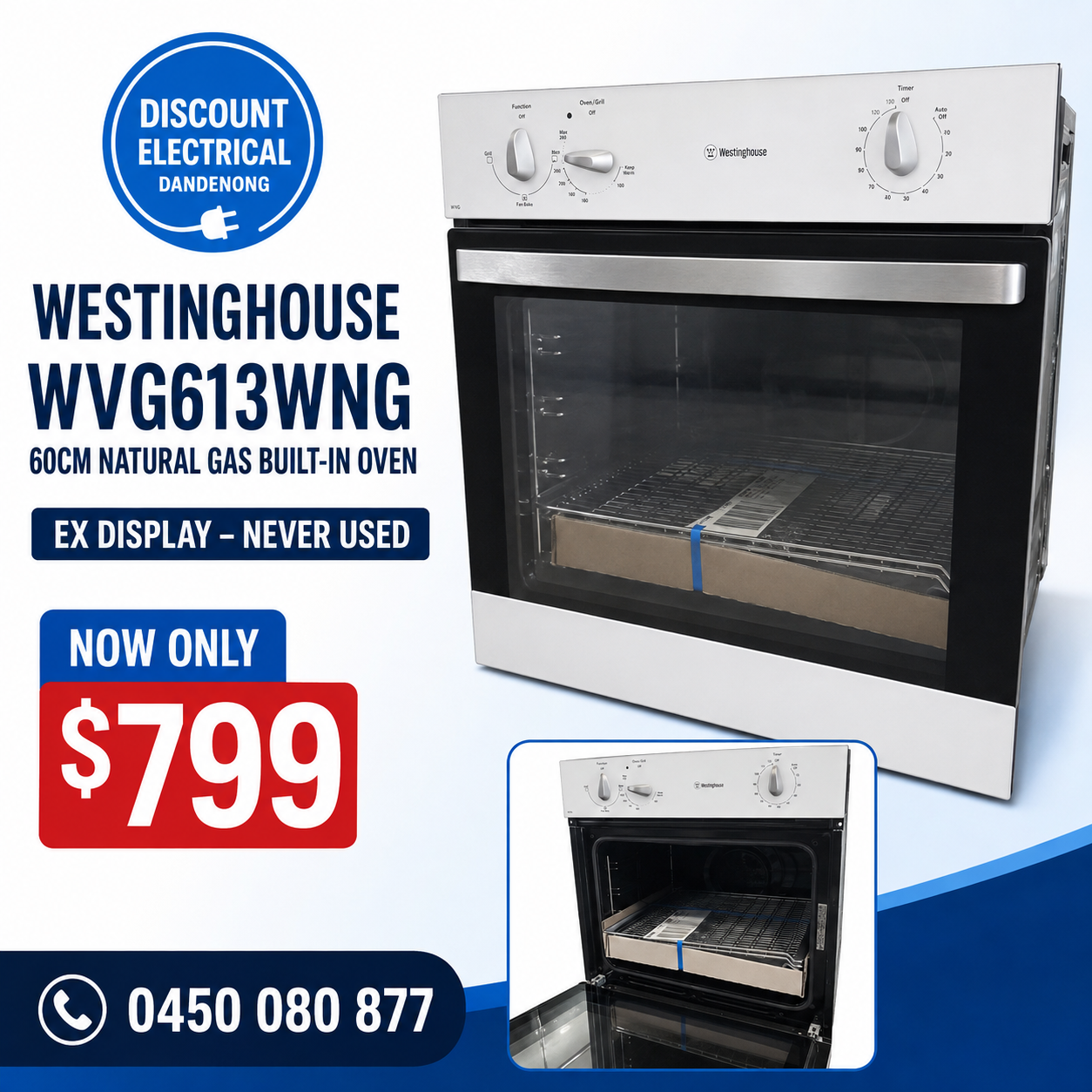 Westinghouse WVG613WNG 60cm Natural Gas Built-In Oven – Ex Display Never Used - Image 2