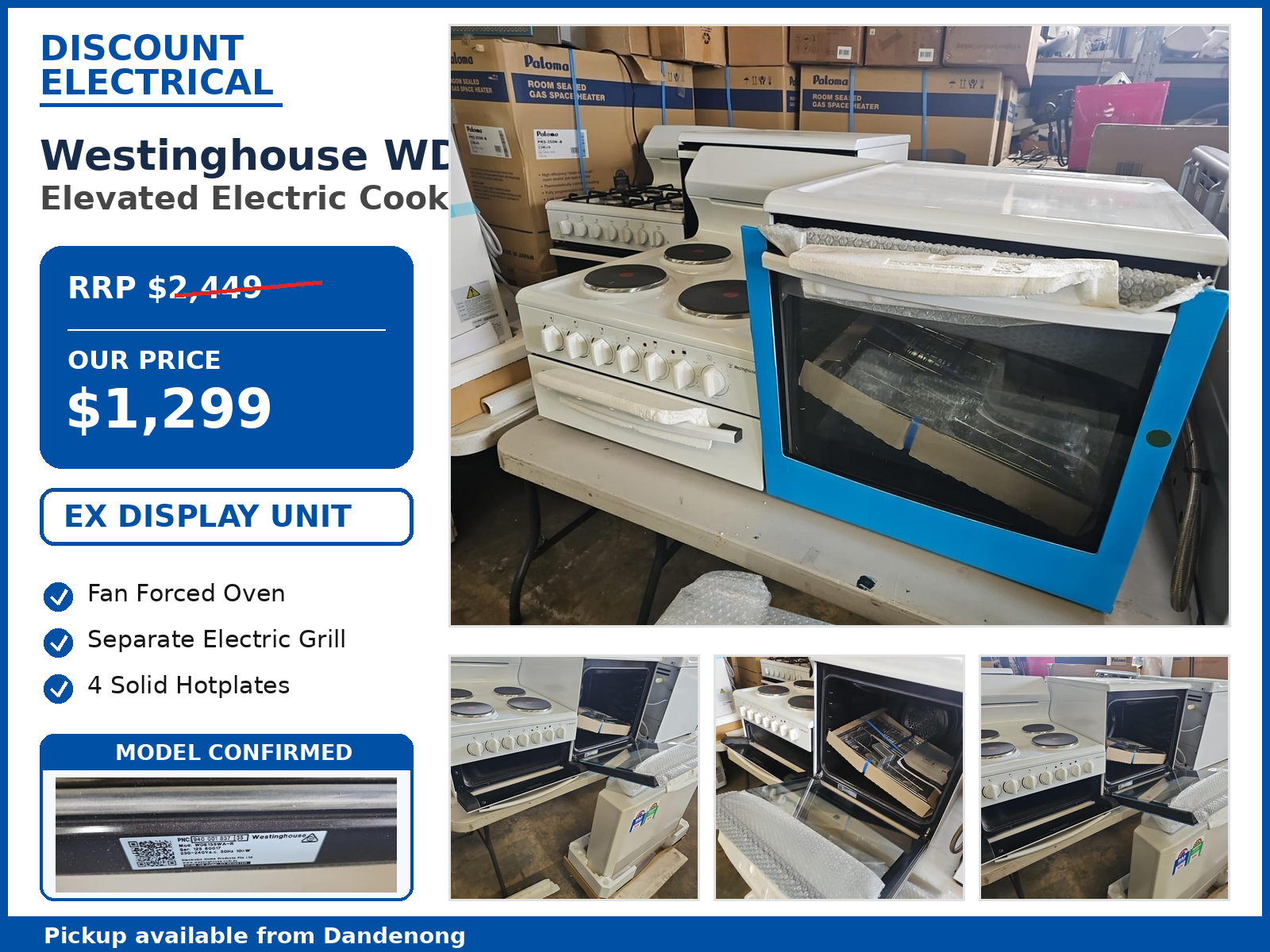 Westinghouse WDE135WA-R Elevated Electric Cooker – Ex Display Unit