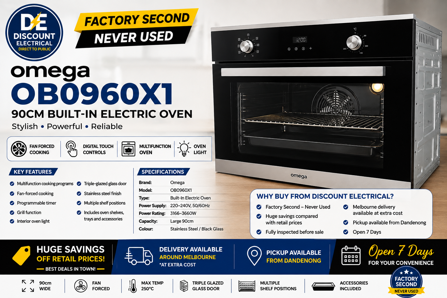 Omega OBO960X1 90cm Built-In Electric Oven Factory Second – Never Used