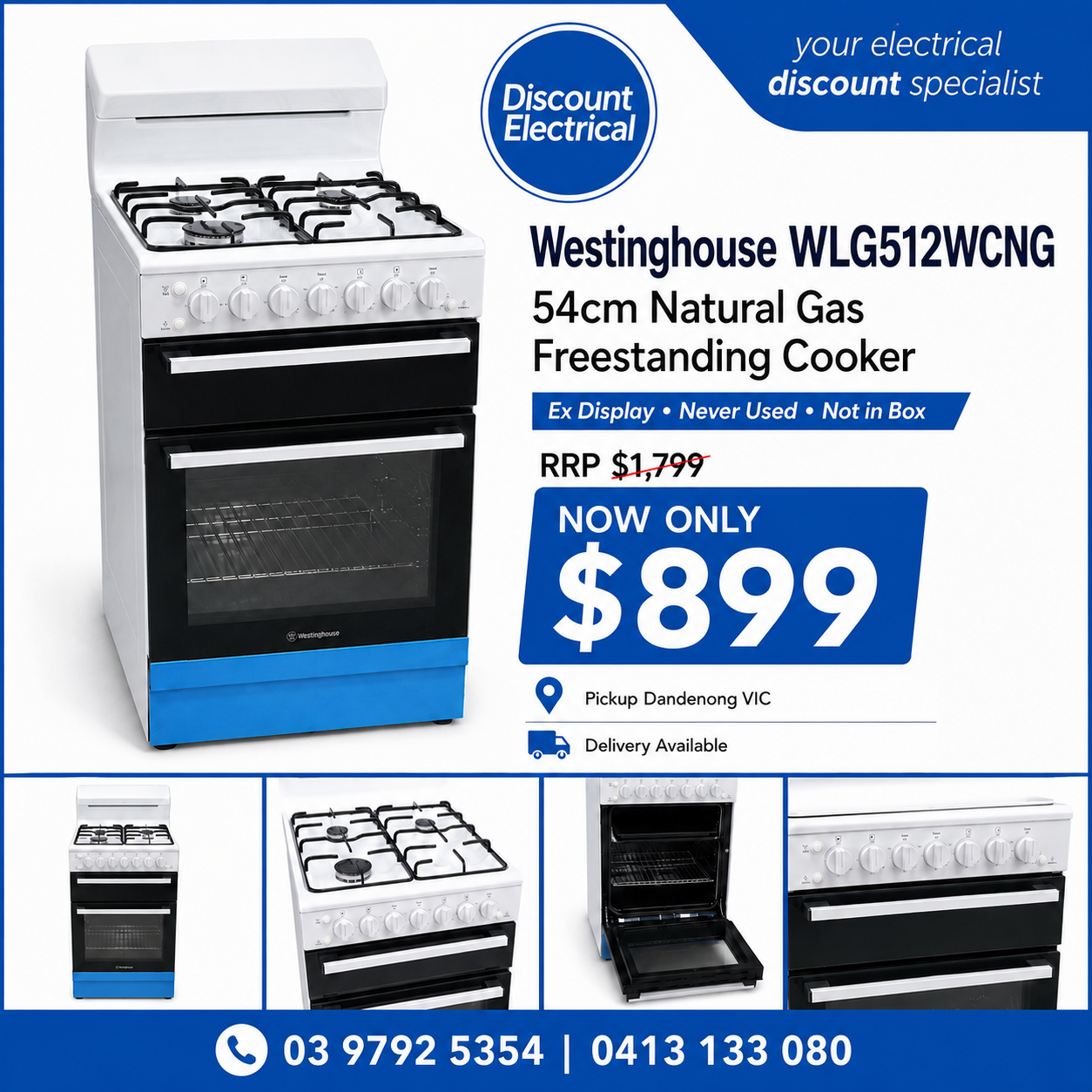 Westinghouse WLG512WCNG 54cm White Natural Gas Cooker – Ex Display Never Used - Image 2