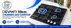 Devanti 59cm 3 burner gas cooktop CT-GAS-3B-BK in black glass