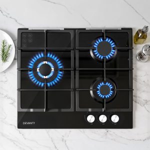 Devanti 59cm 3 burner gas cooktop CT-GAS-3B-BK in black glass