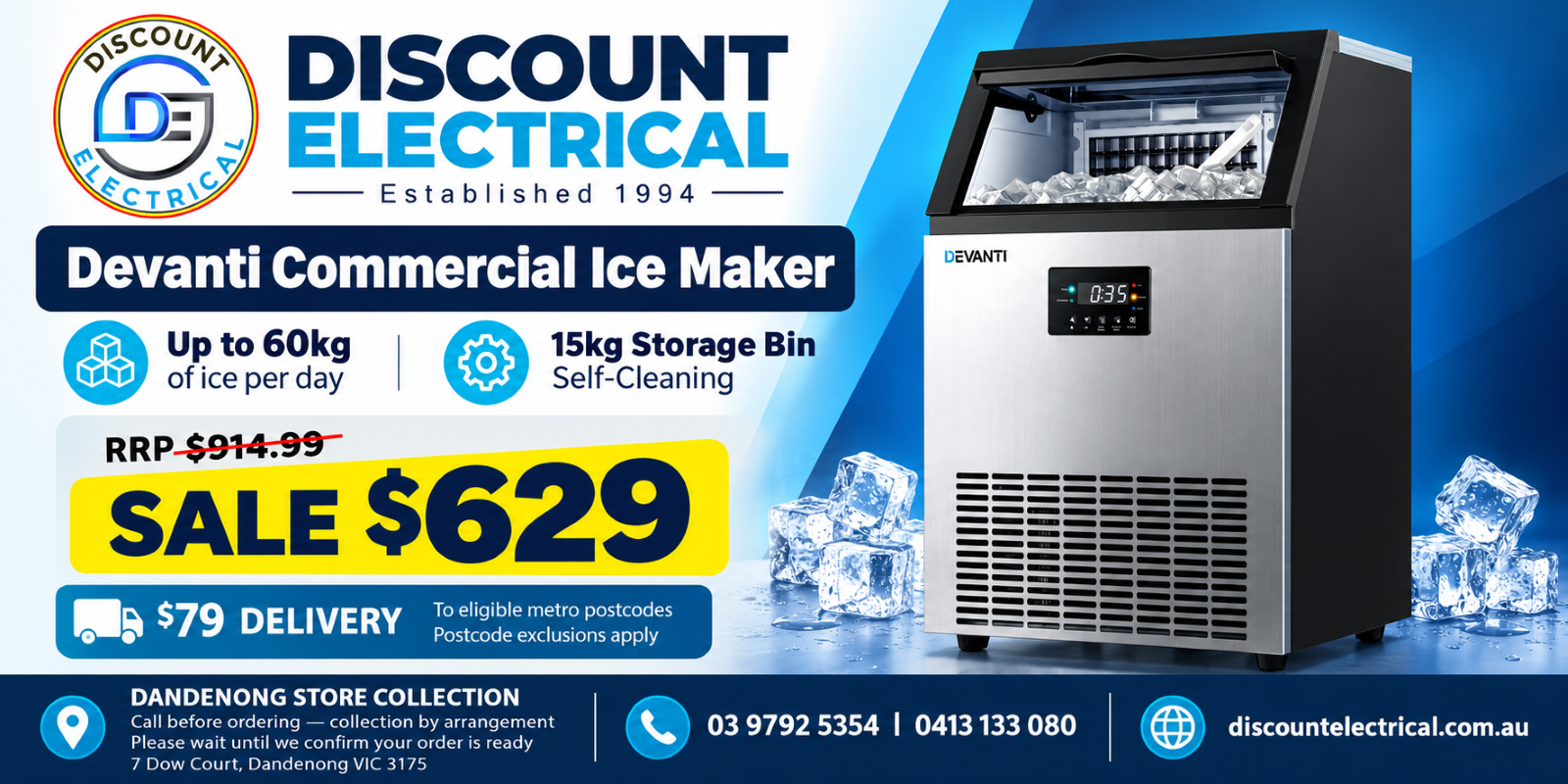 Devanti 60kg commercial ice maker in black and silver